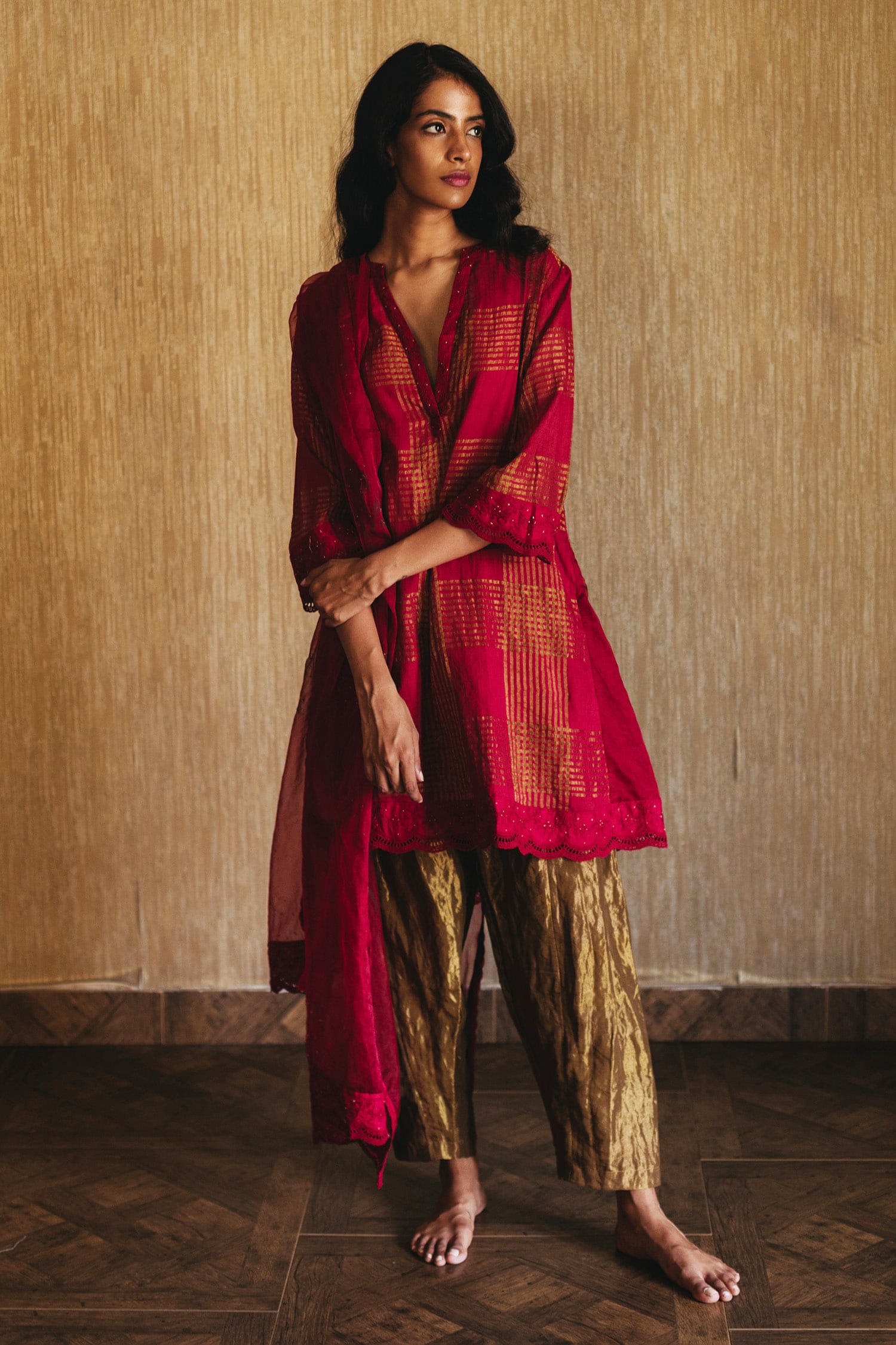 Buy Shorshe Clothing Maroon Handloom Kurta Set Online | Aza Fashions