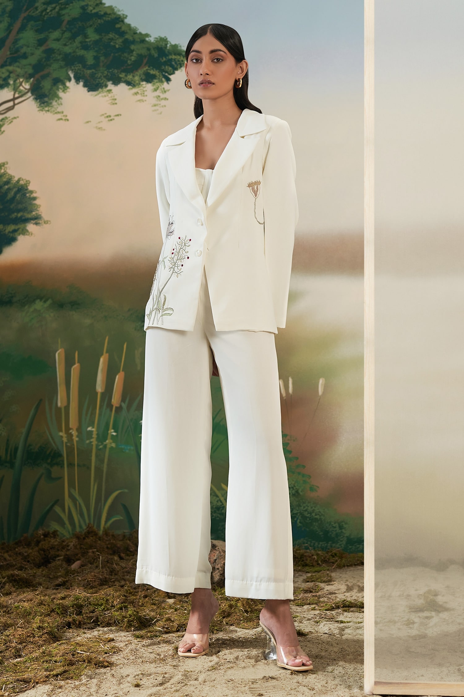 Buy Ivory 100% Polyester Embellished Floral Notched Lapel Collar Blazer ...