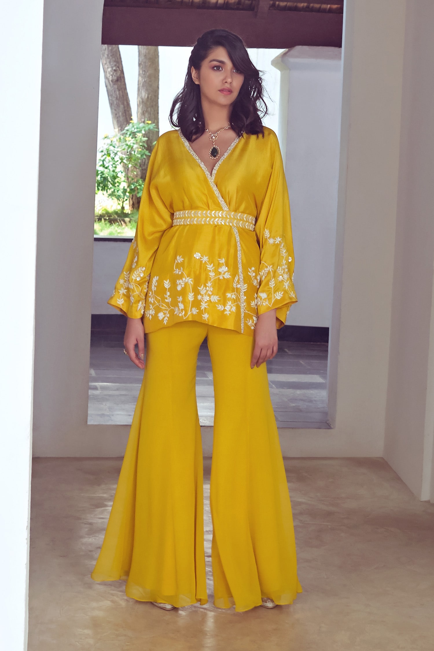 Buy Yellow Dupion V Neck Embroidered Kimono And Pant Set For Women by