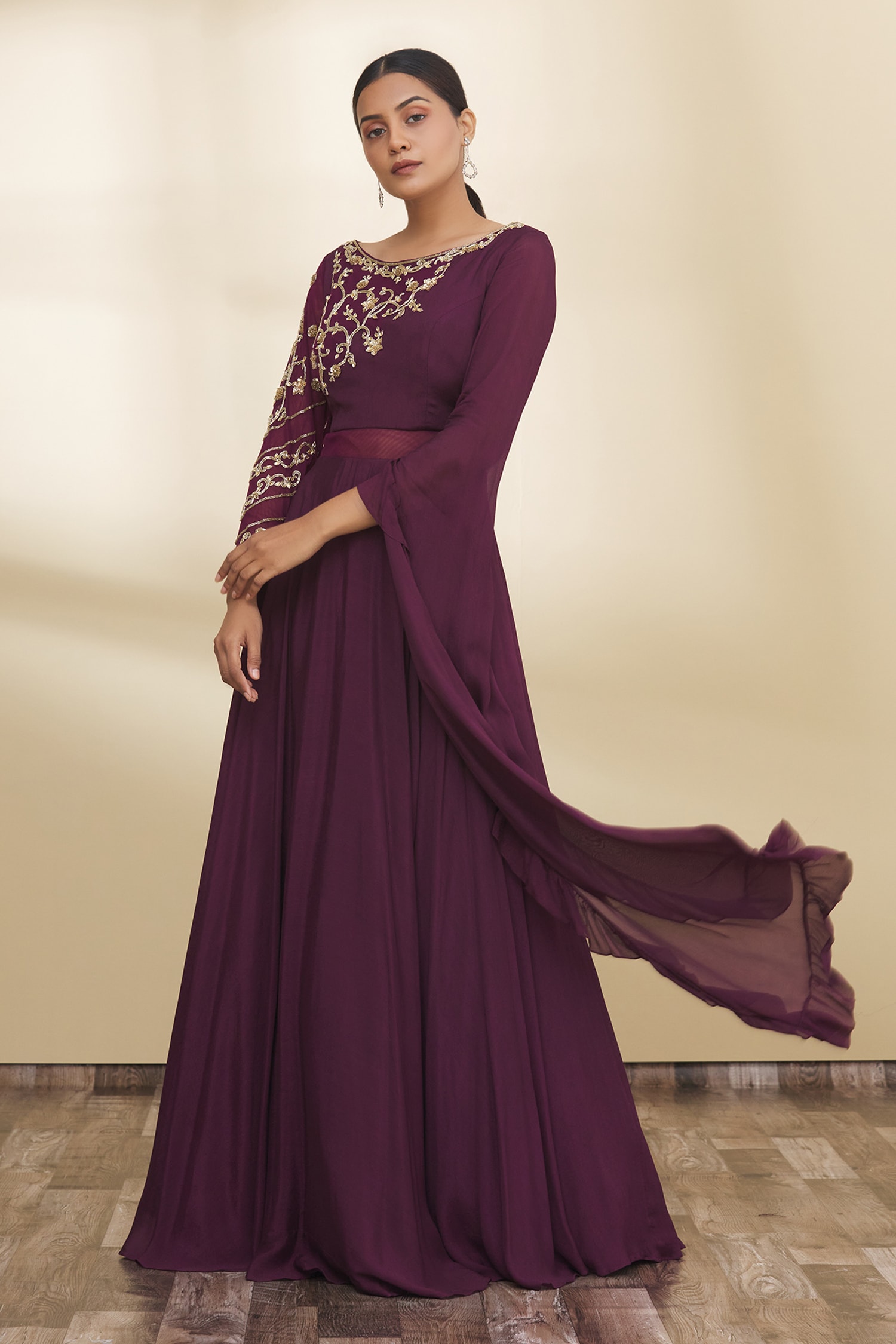 Khwaab by Sanjana Lakhani - Maroon Embroidery Round Gown