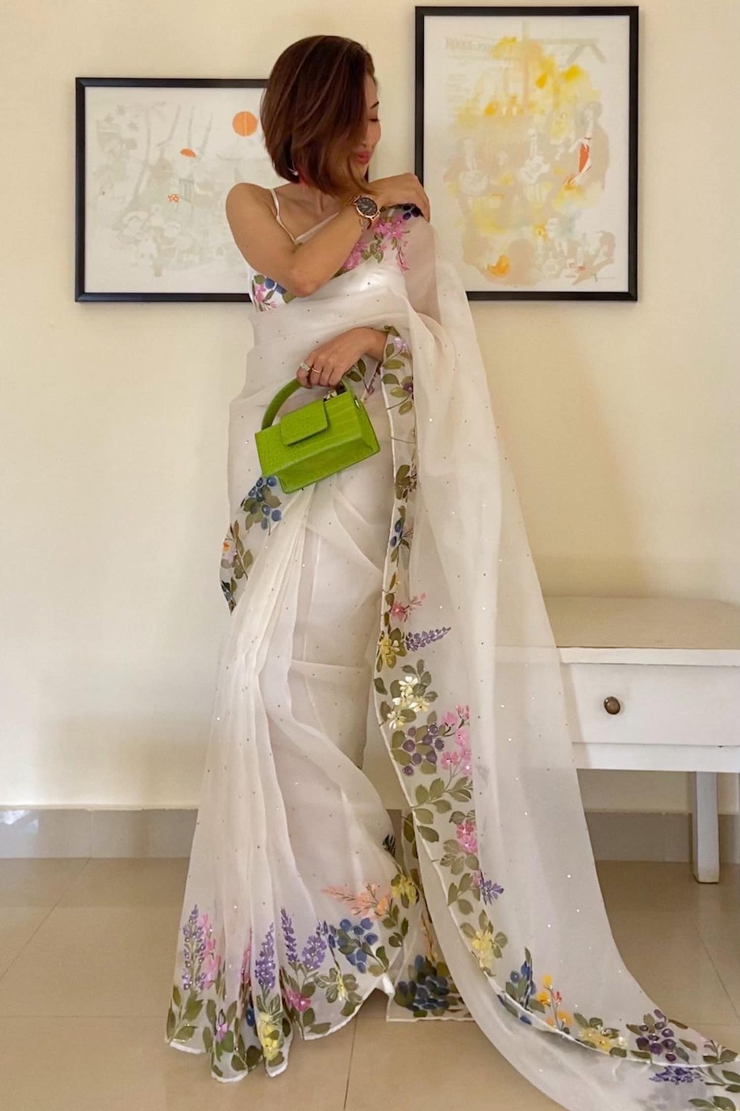 Muksweta White Organza Silk Hand Painted Floral Saree For Women