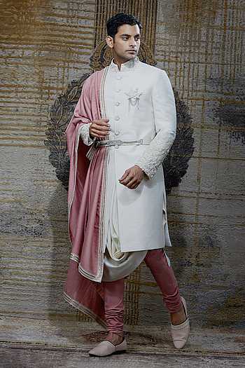 Raw Silk Embroidered Sherwani Set 