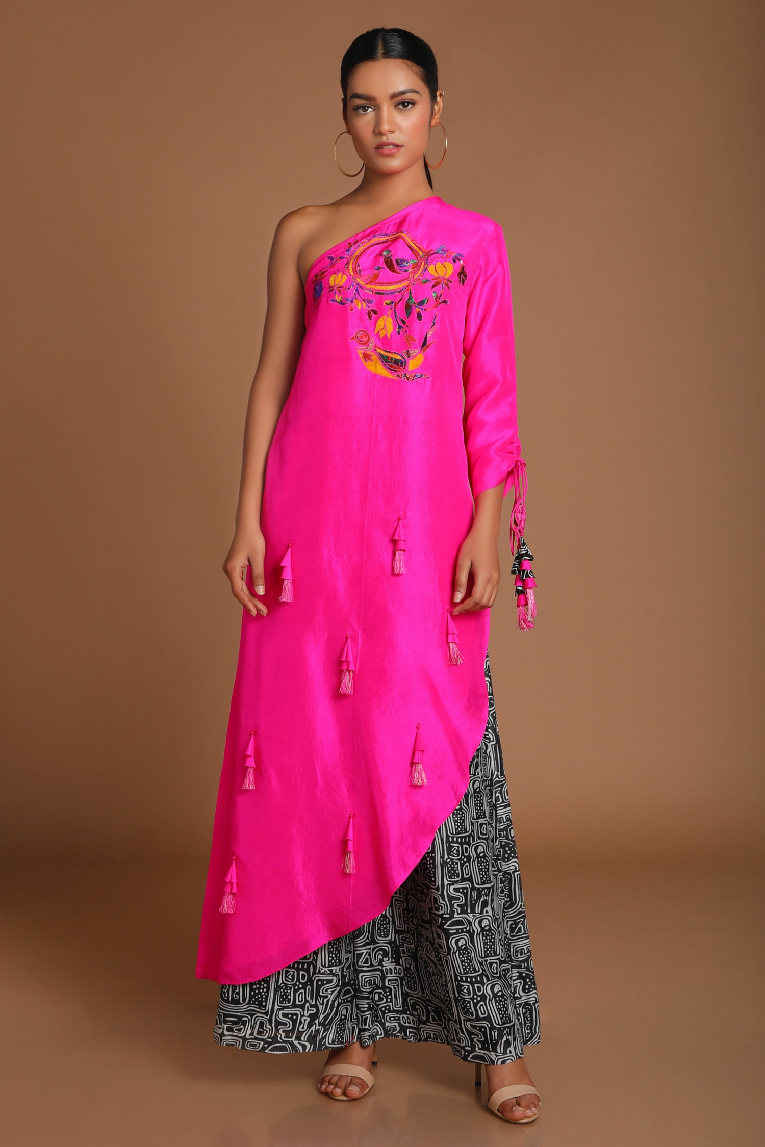Buy Masaba Pink Silk One Shoulder Tunic And Pant Set Online | Aza Fashions