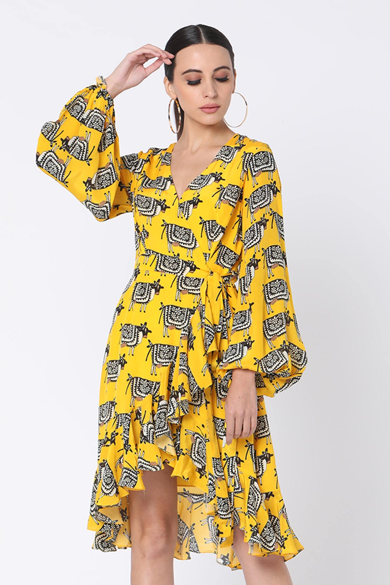 Buy Masaba Yellow Crepe Ruffle Printed Wrap Dress Online | Aza Fashions