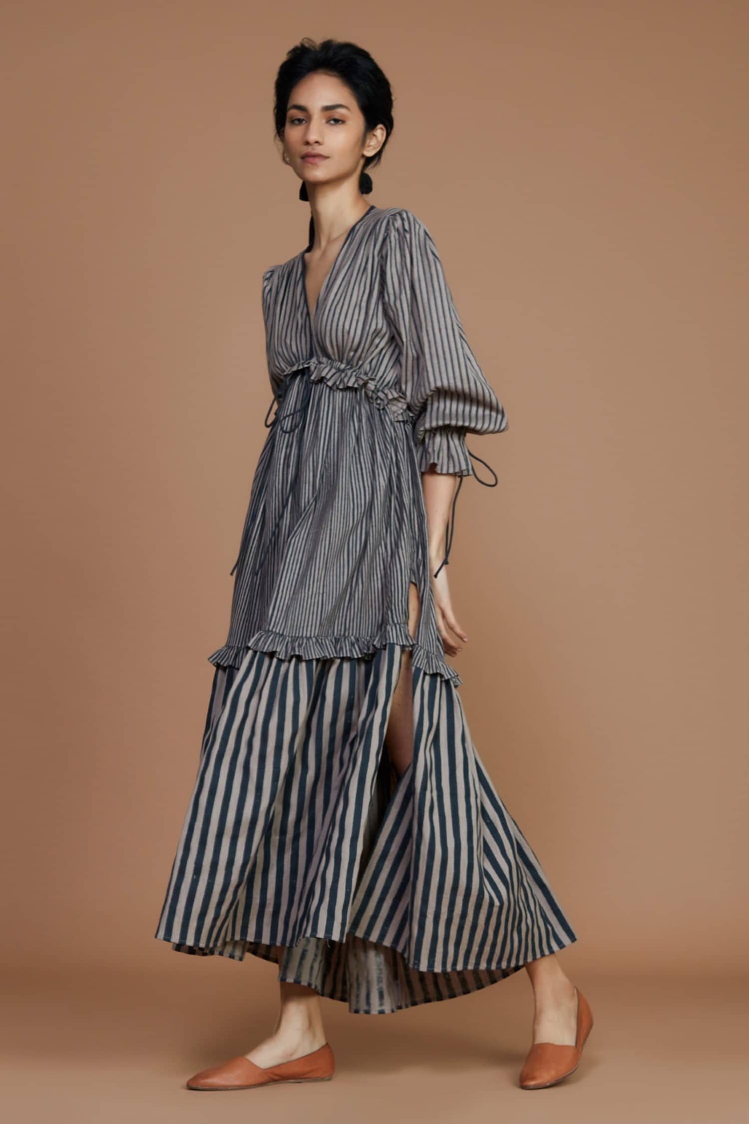 Buy Mati Grey Cotton Striped Tiered Dress Online | Aza Fashions