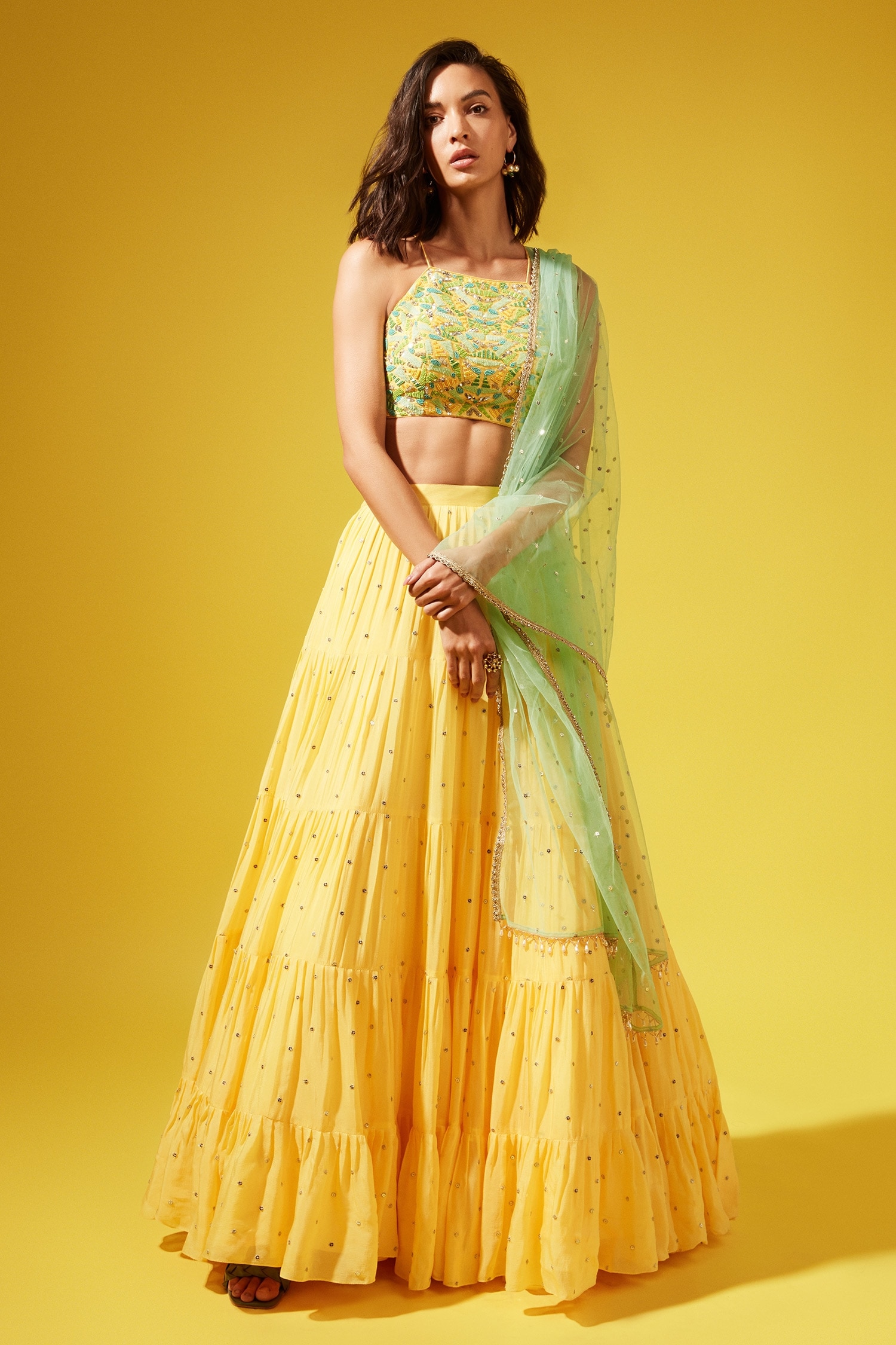 Buy Yellow Lehenga And Blouse Georgette Tie & Dye Sunny Set With Cape For  Women by Yoshita Couture Online at Aza Fashions.