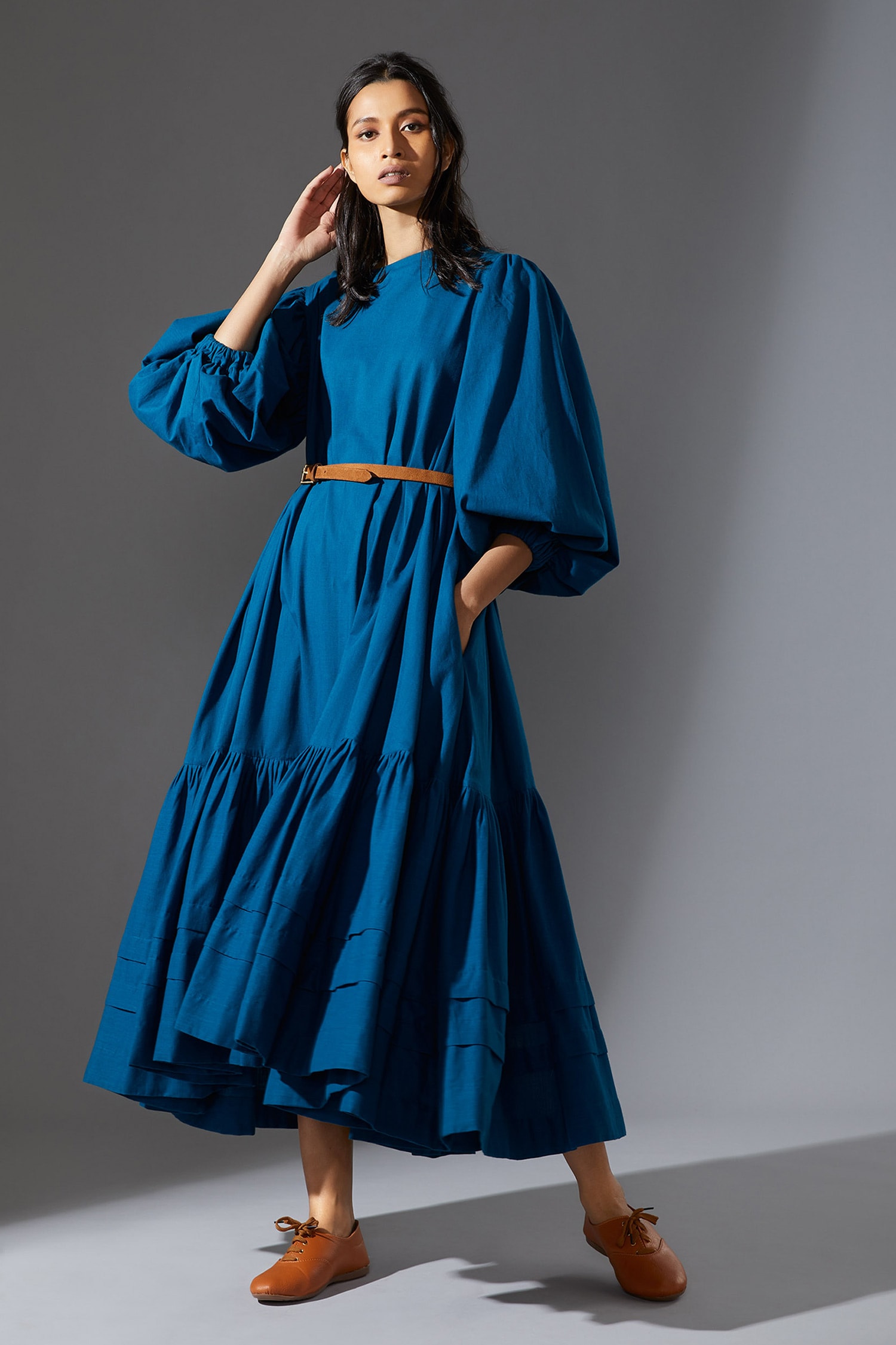 Buy Blue Cotton Slub Handwoven Kaavya Aakaar Trapeze Dress For Women by ...