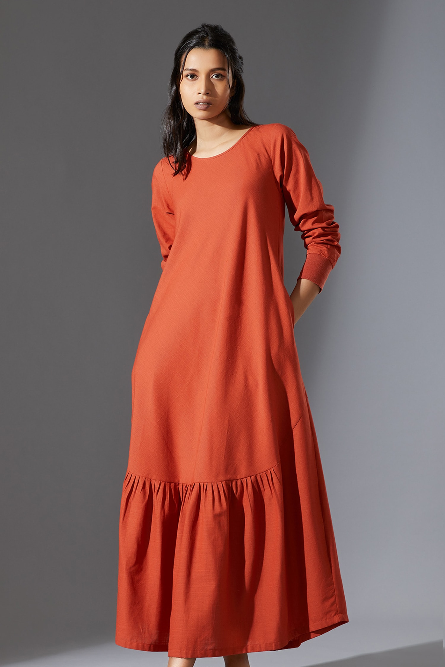 Buy Mati Orange Cotton Slub Handwoven Aboli Midi Dress Online | Aza ...