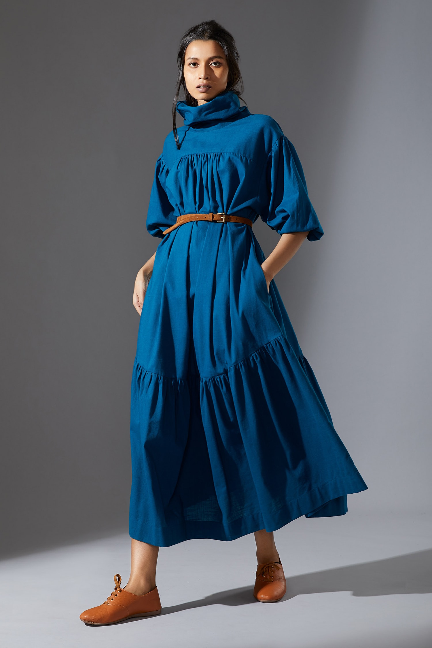 Buy Blue Cotton Slub Handwoven High Collar Praci Midi Dress For Women ...