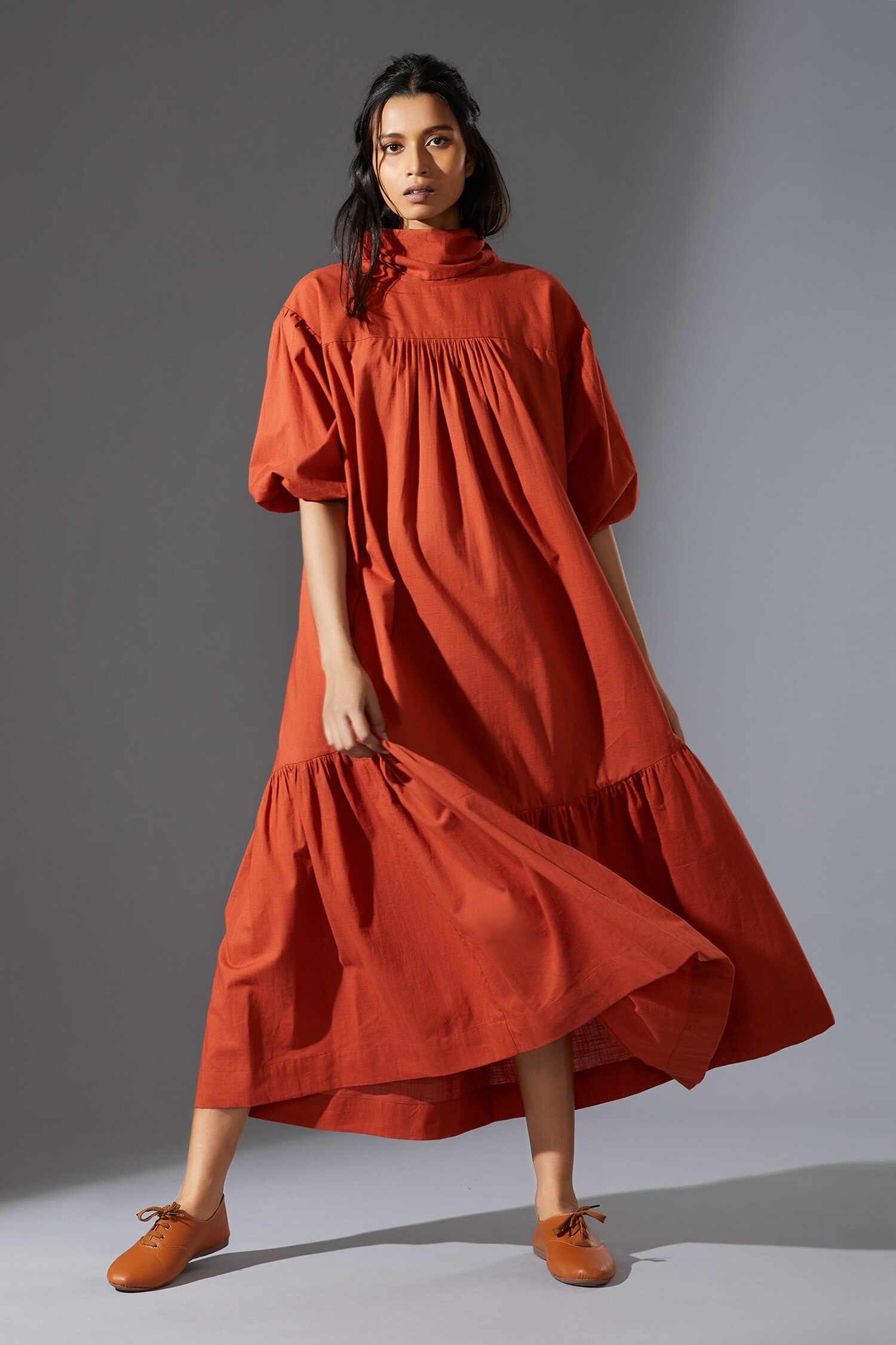 Buy Orange Cotton Slub Handwoven High Collar Praci Midi Dress For Women ...