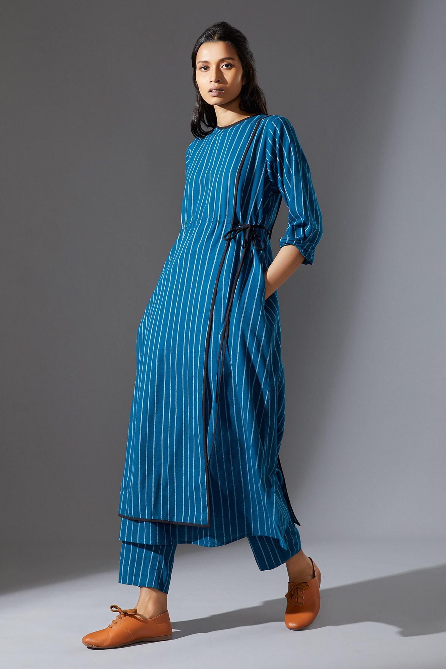 Buy Blue Cotton Handwoven Striped Angrakha And Pant Set For Women by ...