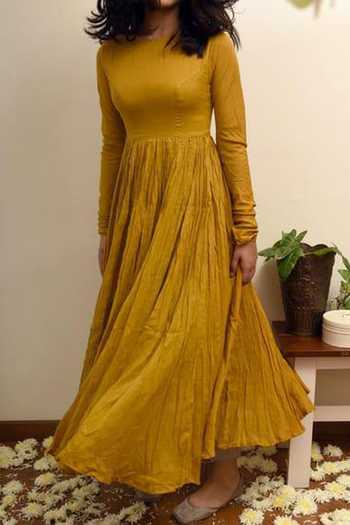Yellow Printed 3/4 Sleeve Cotton Anarkali Kurta With Front Hanging main image 0