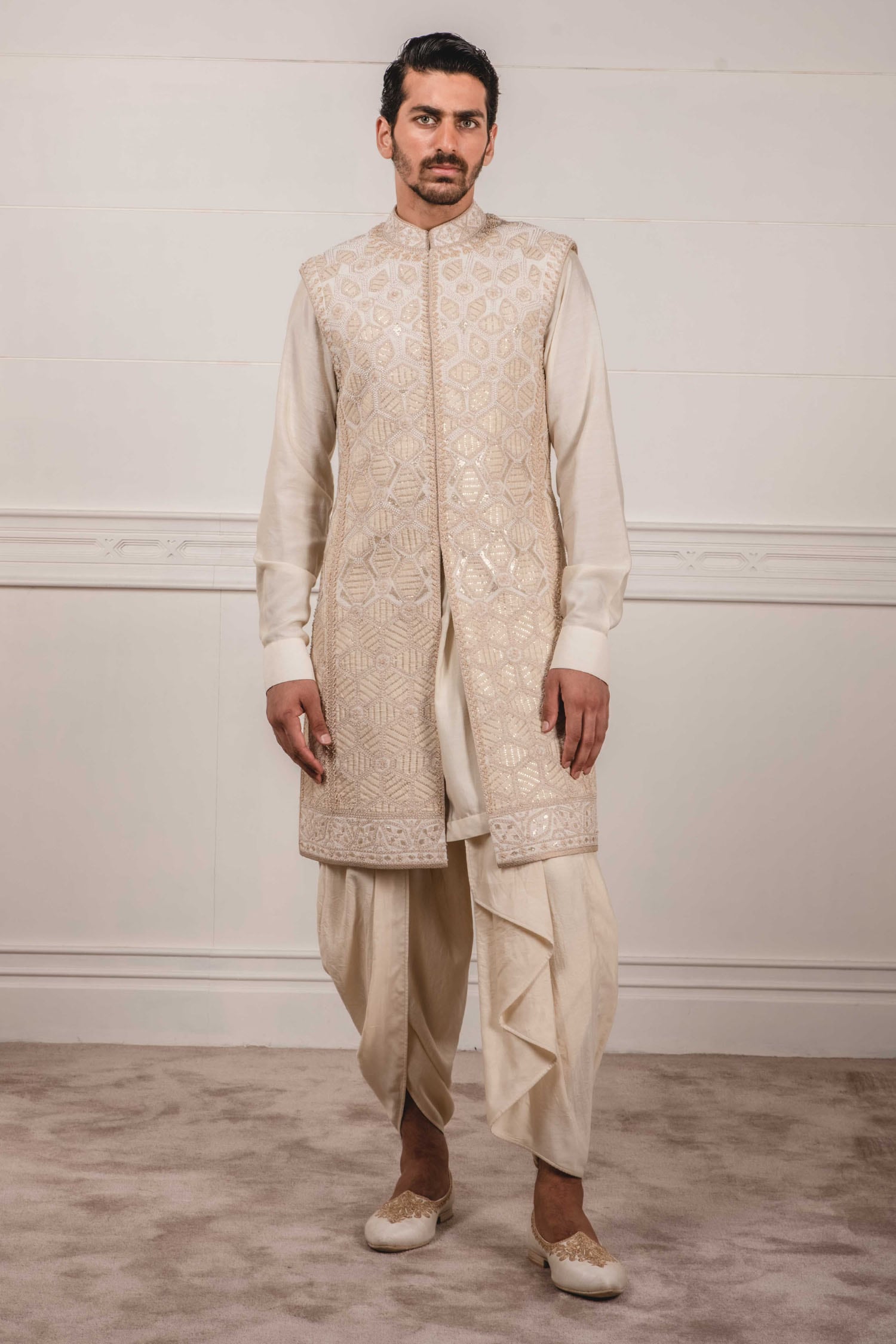 Buy White Katan Silk Embroidered Sherwani And Dhoti Pant Set For Men By Tarun Tahiliani Online 