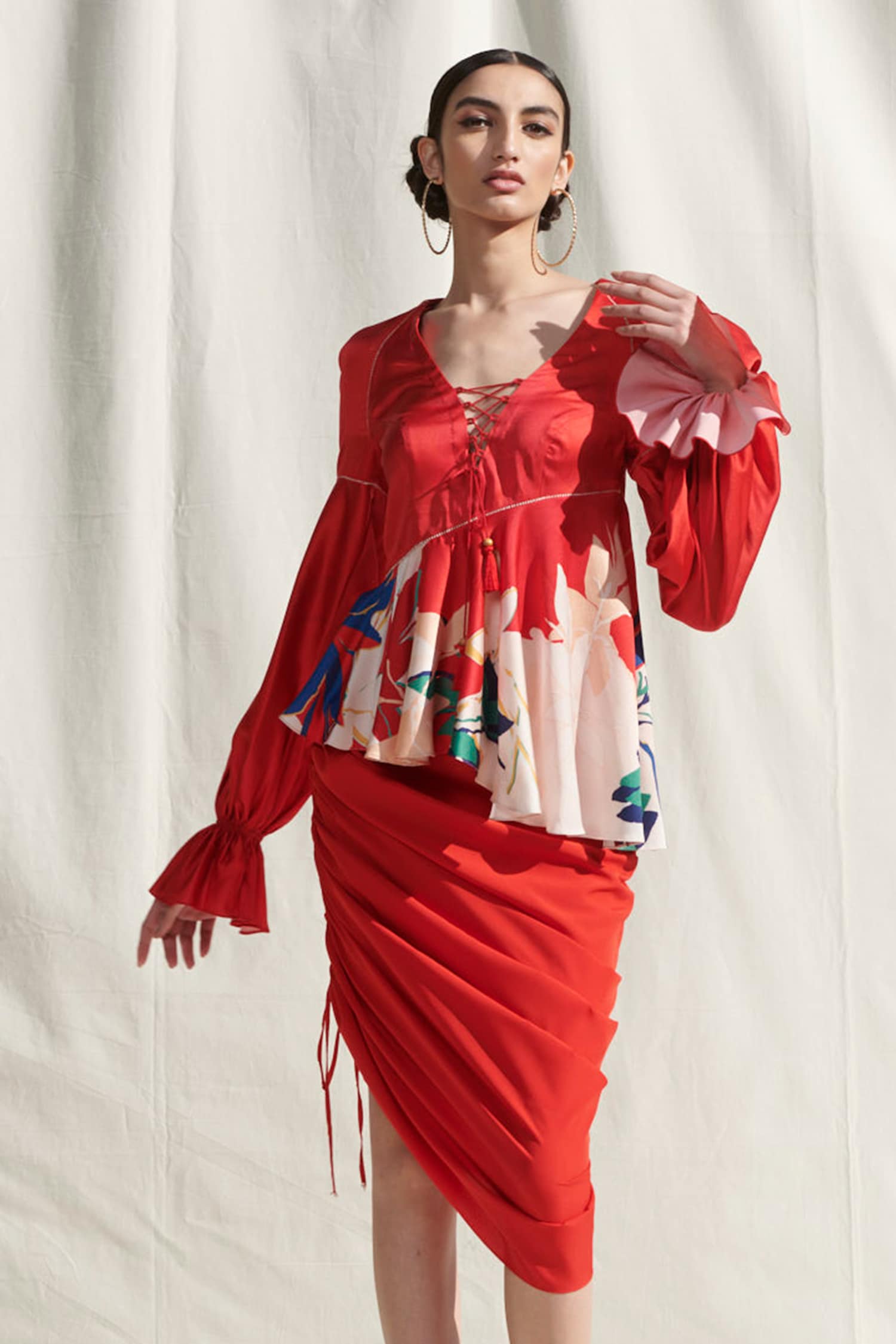 Buy Mandira Wirk Red Crepe Satin Peplum Top And Draped Skirt Set Online ...