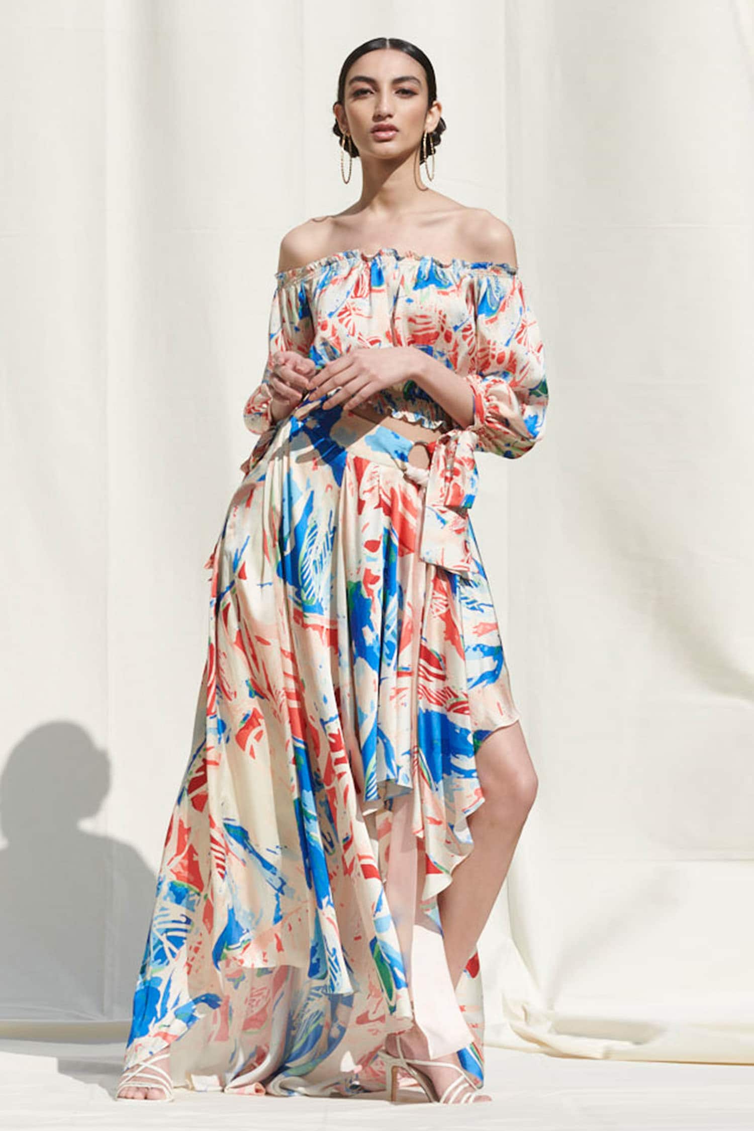 Buy Multi Color Crepe Satin Off Shoulder Printed Crop Top And Skirt Set ...
