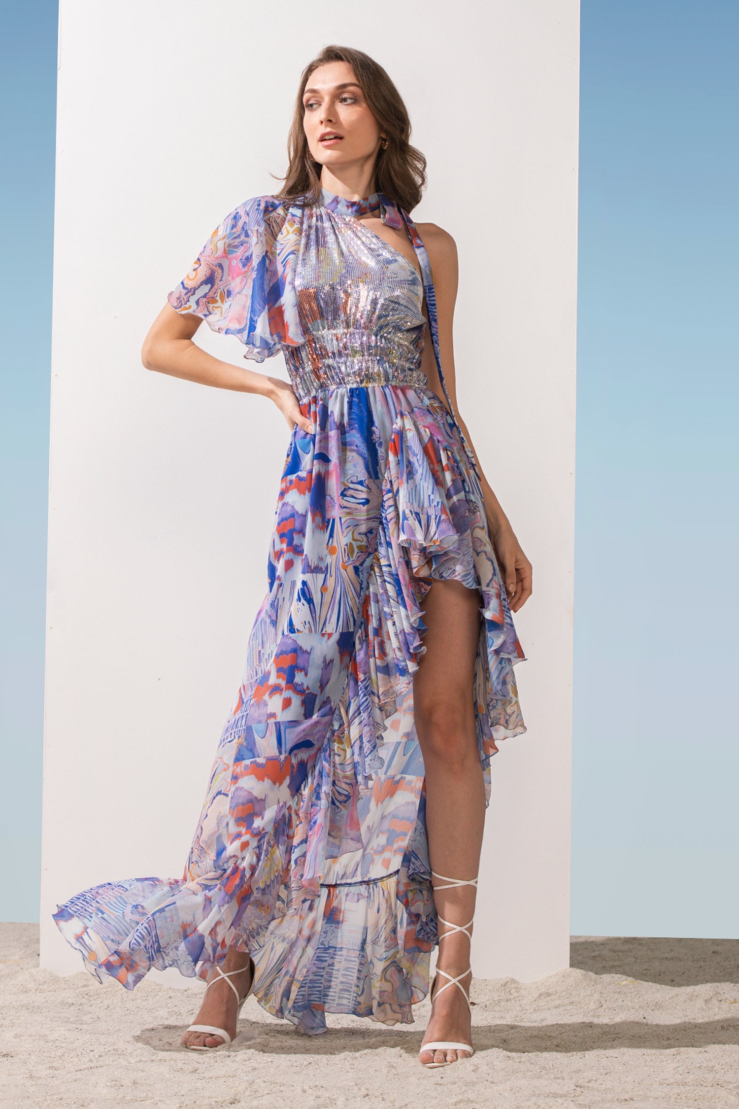 Buy Blue Poly Chiffon Printed Marbling Pattern Round Asymmetric Dress ...
