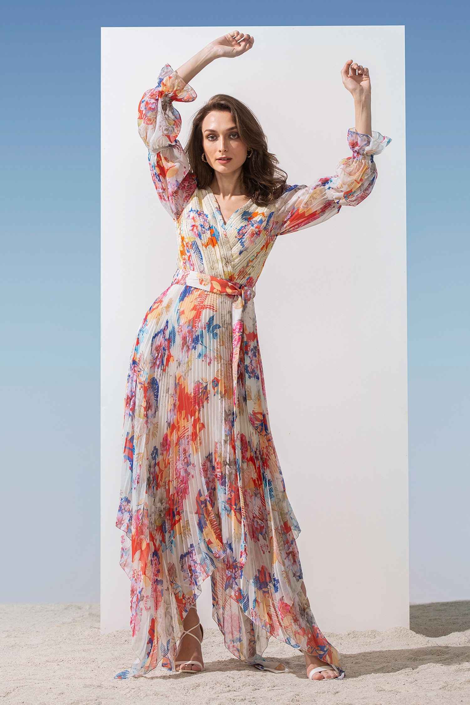 Buy Mandira Wirk Multi Color Viscose Georgette Pleated Floral Print ...