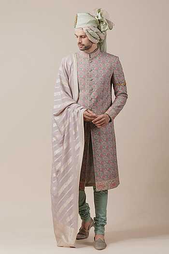 Sherwani Uomo 3 Pezzi Verde E Avorio: Tuta Elegante Indiana Kurta Taglia XL (44) - Sonisha