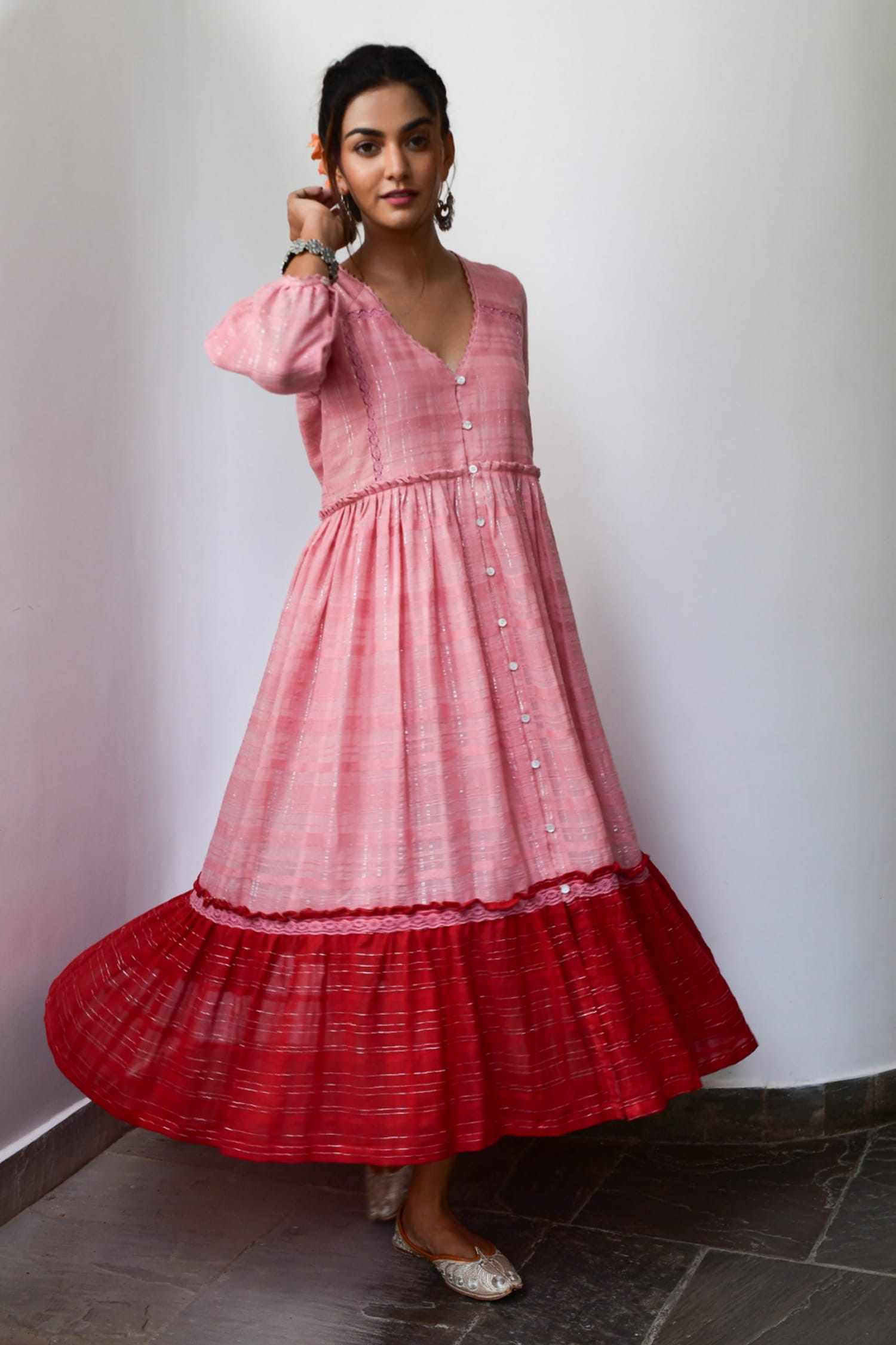 Buy Myaara Pink Cotton Lurex Striped Handwoven Dress Online | Aza Fashions