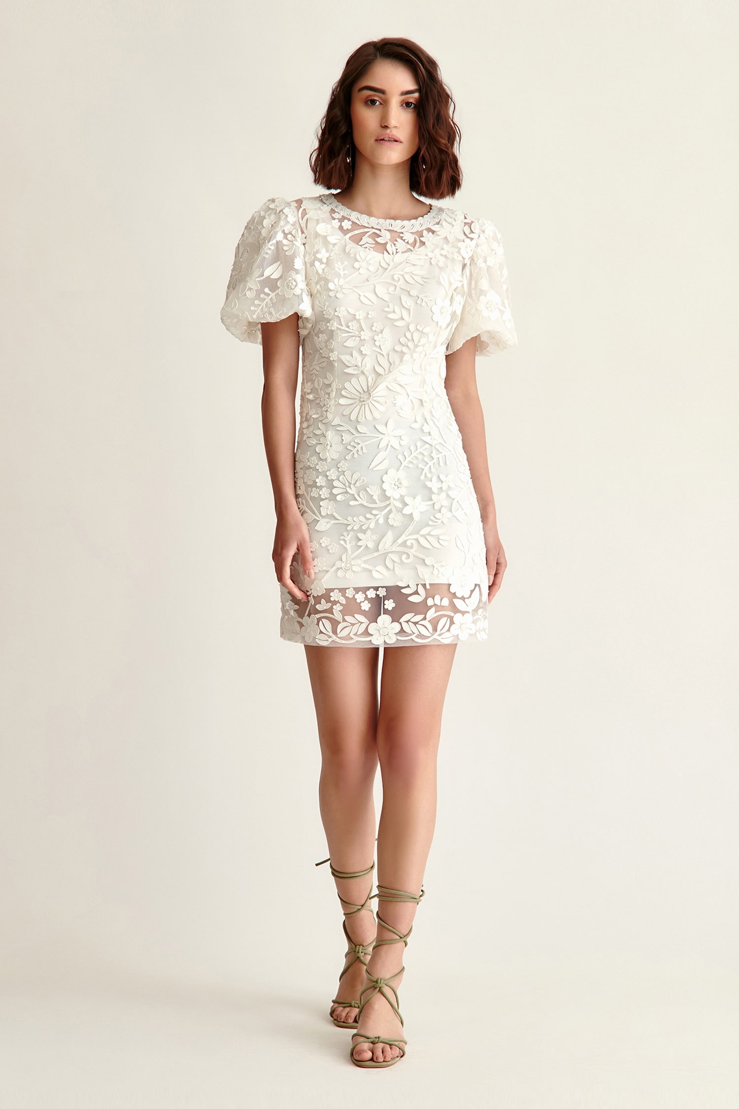 Buy Pankaj & Nidhi White Net Myra Floral Applique Dress Online | Aza ...