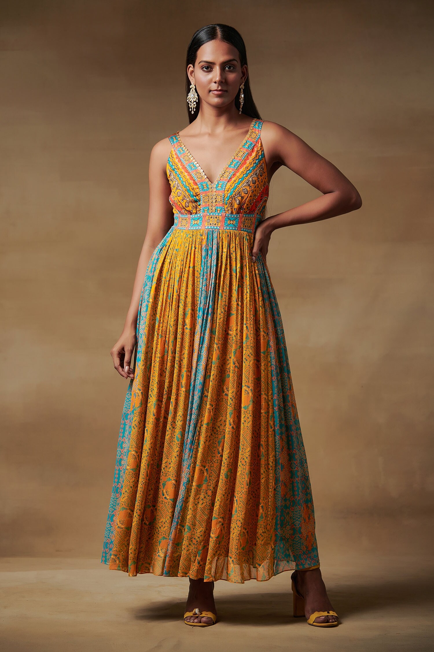 Buy Blue Viscose Embroidered Sequins V Neck Mizo Color Block