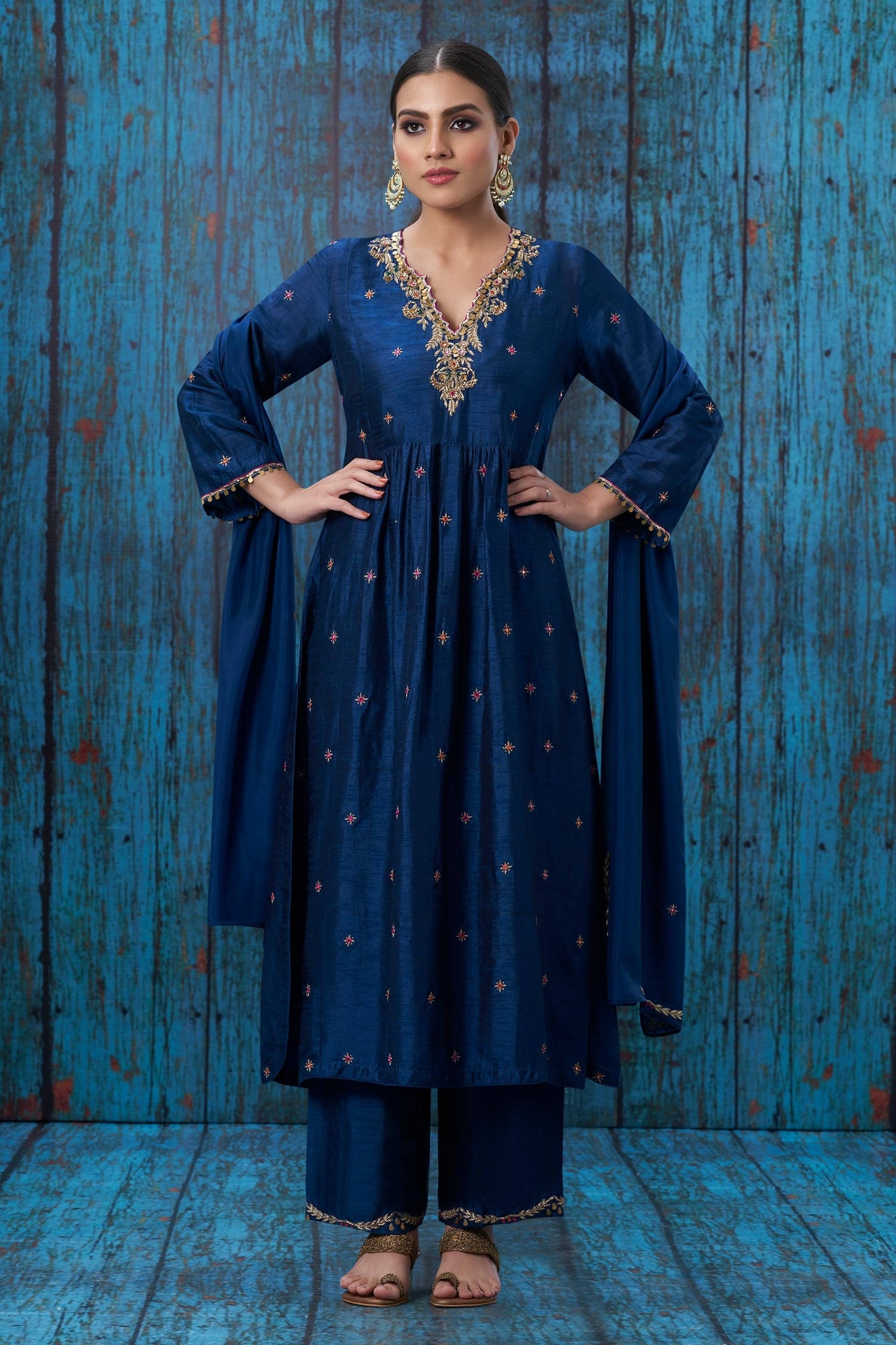 Buy Blue Silk Embroidered Floral Notched Kurta And Palazzo Set For ...