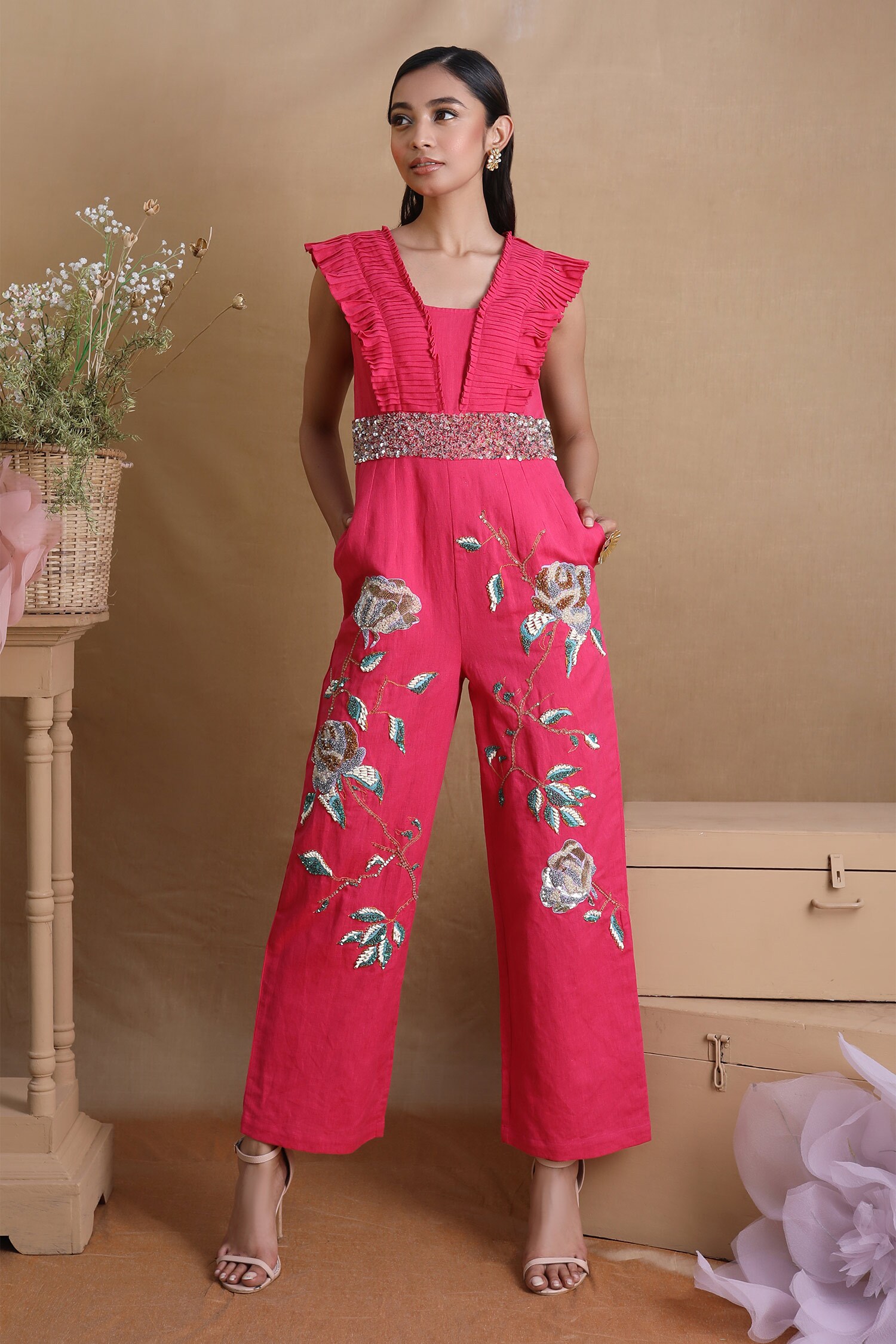 Buy Pink Cotton Round Embroidered Jumpsuit For Women by Nayantara