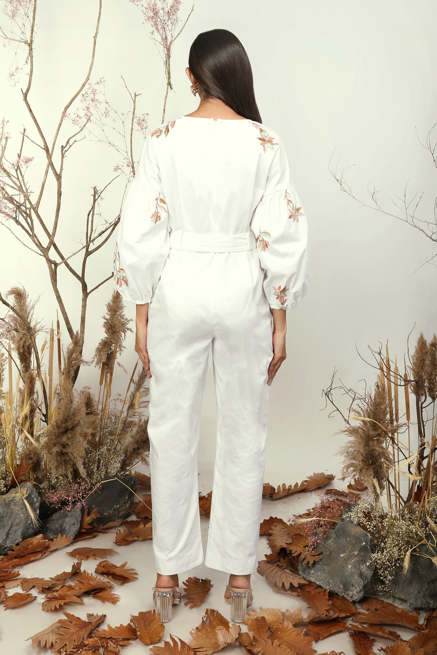 Nayantara Couture - White Cotton Twill Embroidery V Neck Jumpsuit For Women