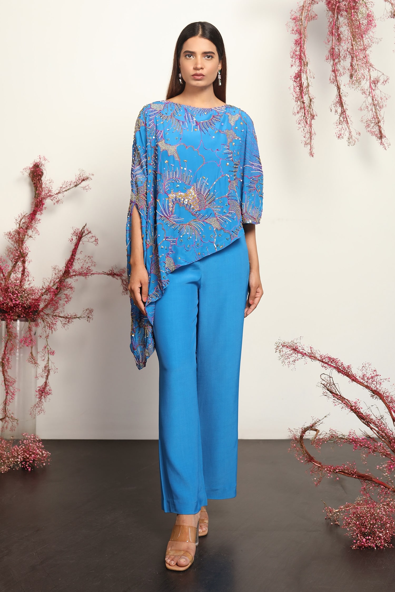 Buy Blue Top: Silk ; Pant: Viscose Mabel Asymmetric And Set For Women ...