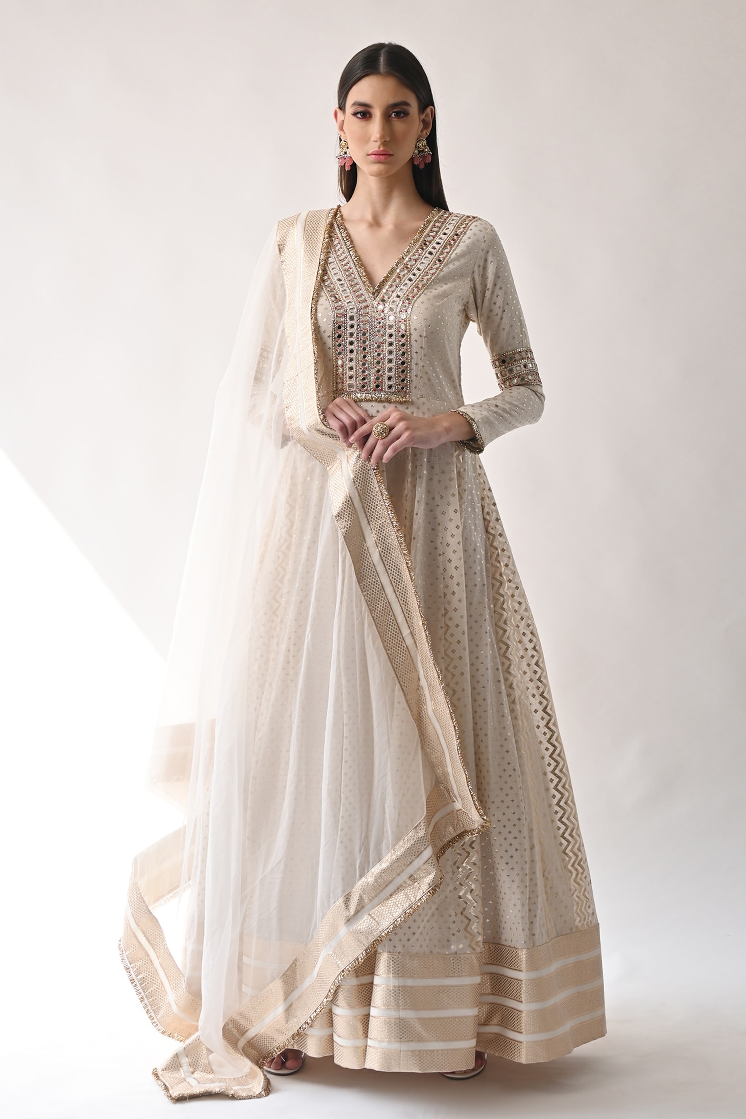 Neha Khullar White Chanderi Silk And Organza; Lining: Cotton Shantoon Anarkali Set For Women