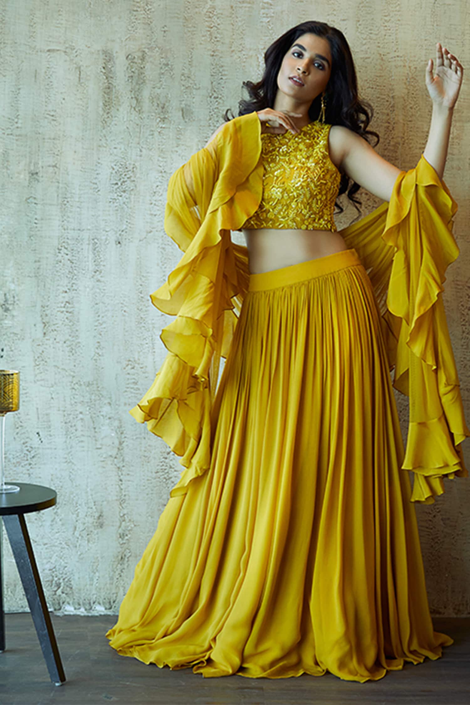 Buy Yellow Lehenga In Tussar Silk And Crop Top With Matching Embroidered  Net Jacket Online - Kalki Fashion