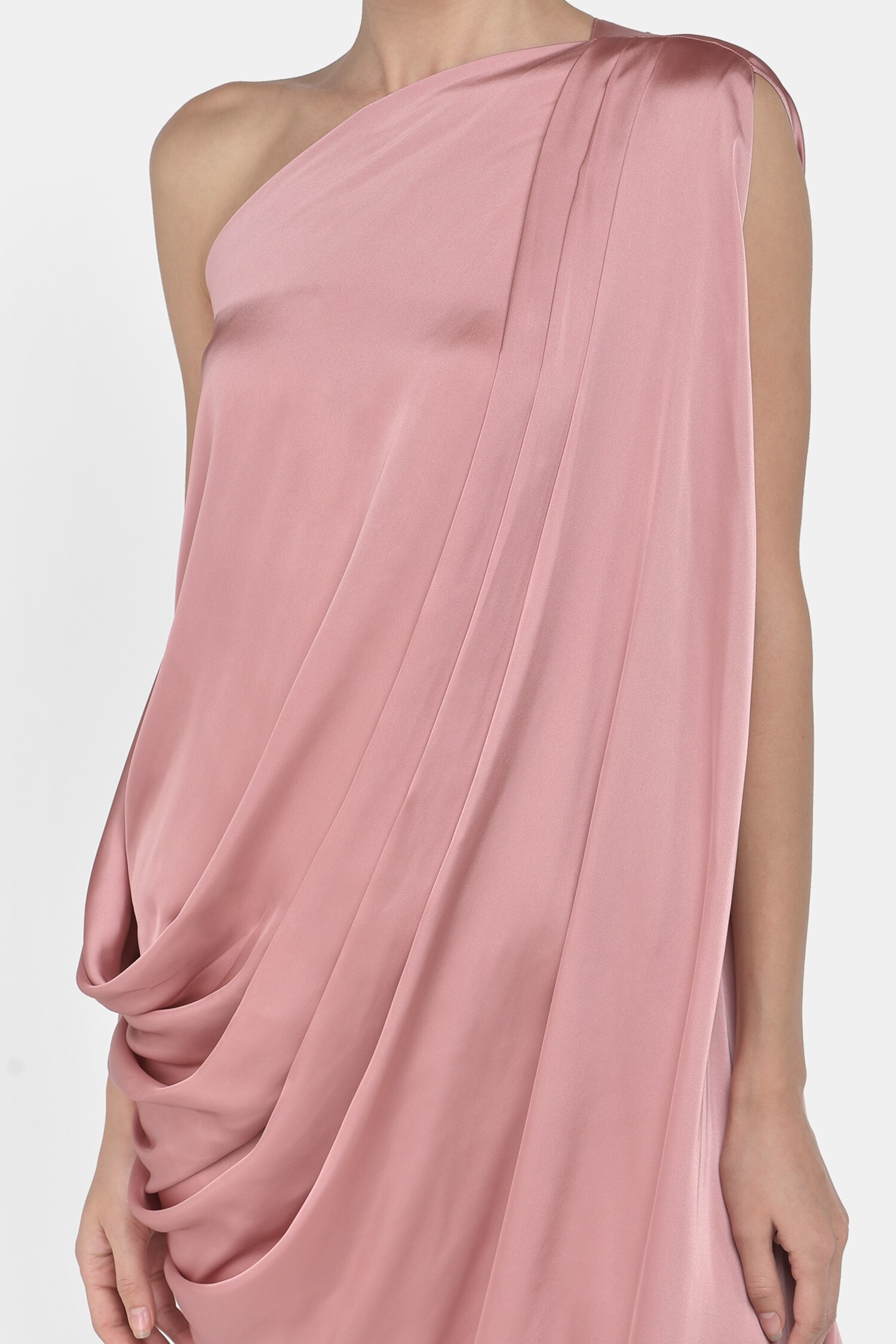 Buy Pink Modal Satin Plain One Shoulder Rosie Ruched High Slit Dress For  Women by Aroka Online at Aza Fashions.
