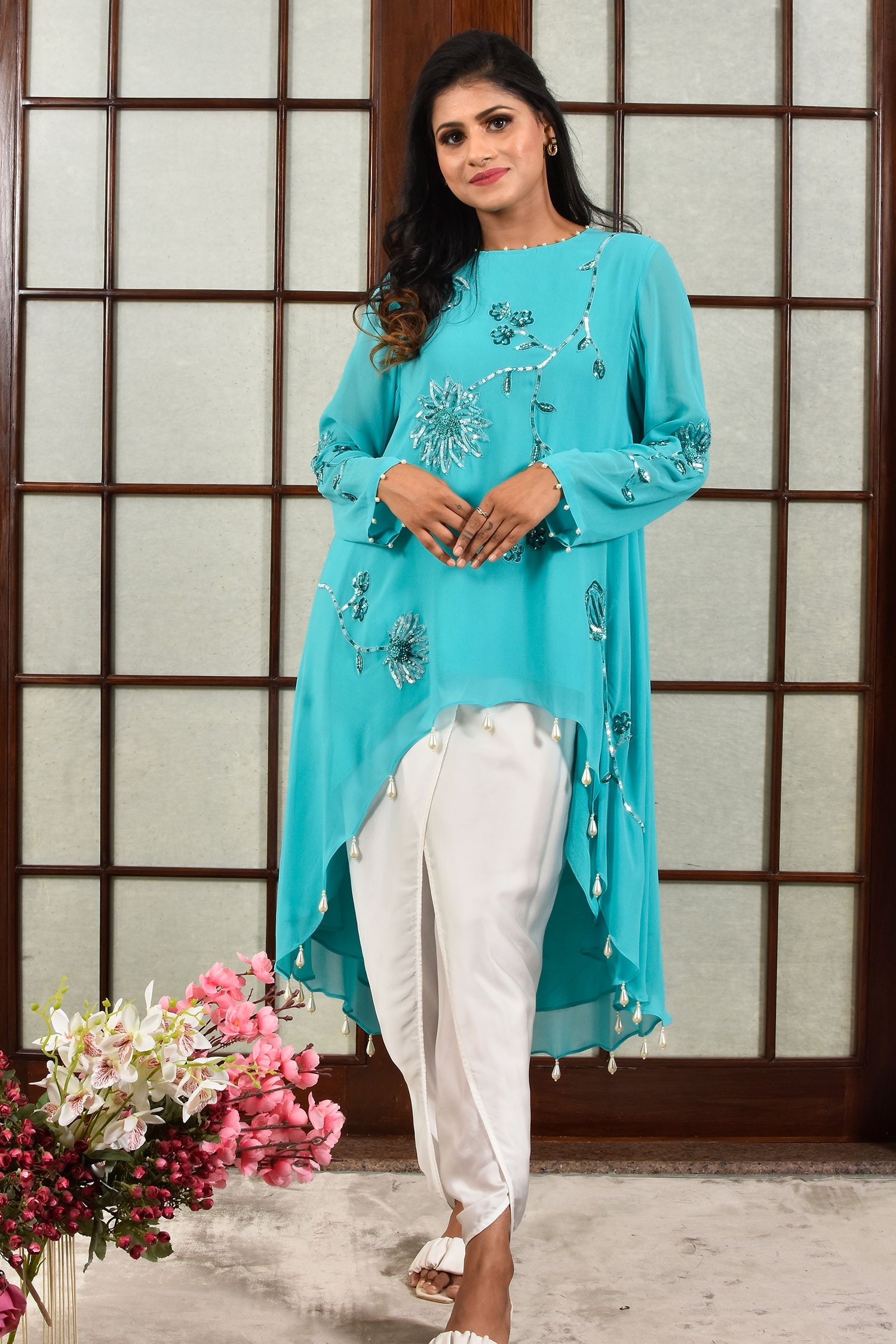Buy Blue Georgette Embroidery Round Asymmetric Tunic Dress For Women by  Aariyana Couture Online at Aza Fashions.