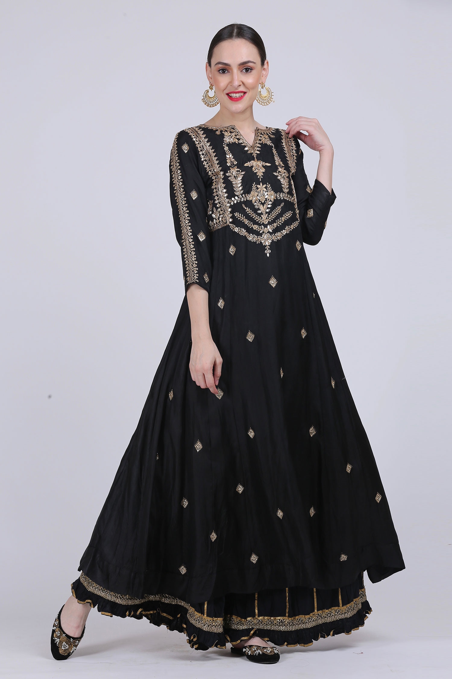 Buy Black Pure Silk Anarkali And Sharara Set For Women by Nazar by Indu ...