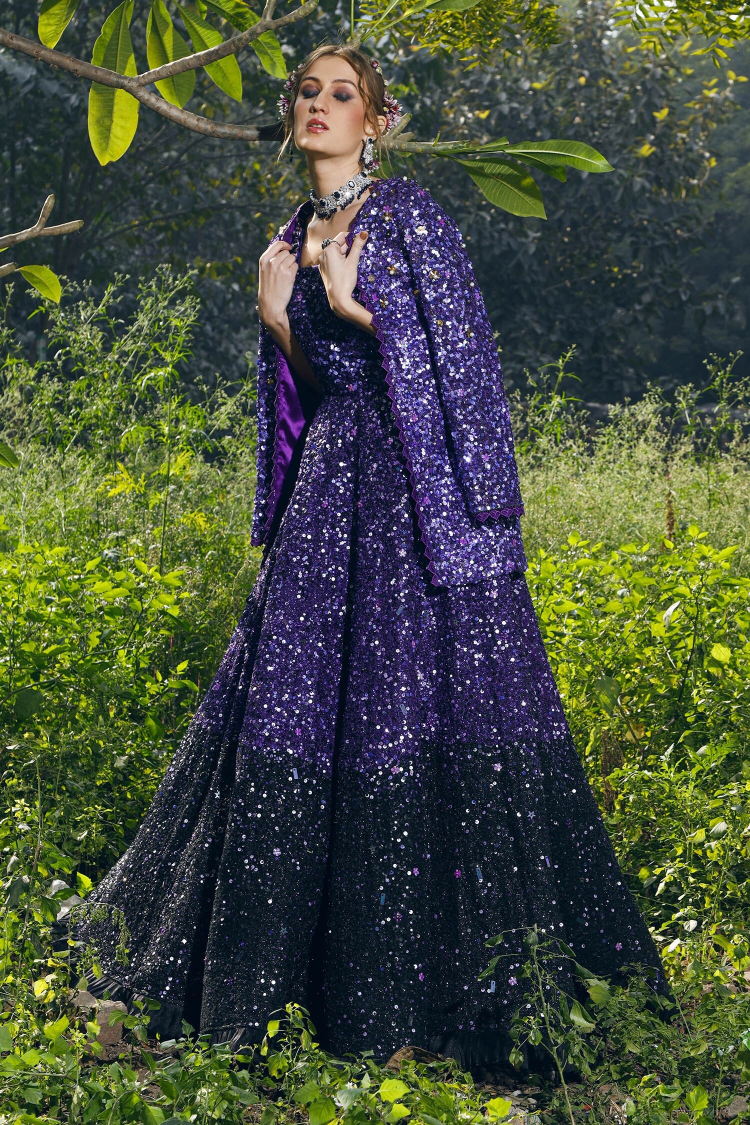 Nitya Bajaj Purple Georgette Sequin Embroidered Gown With Jacket