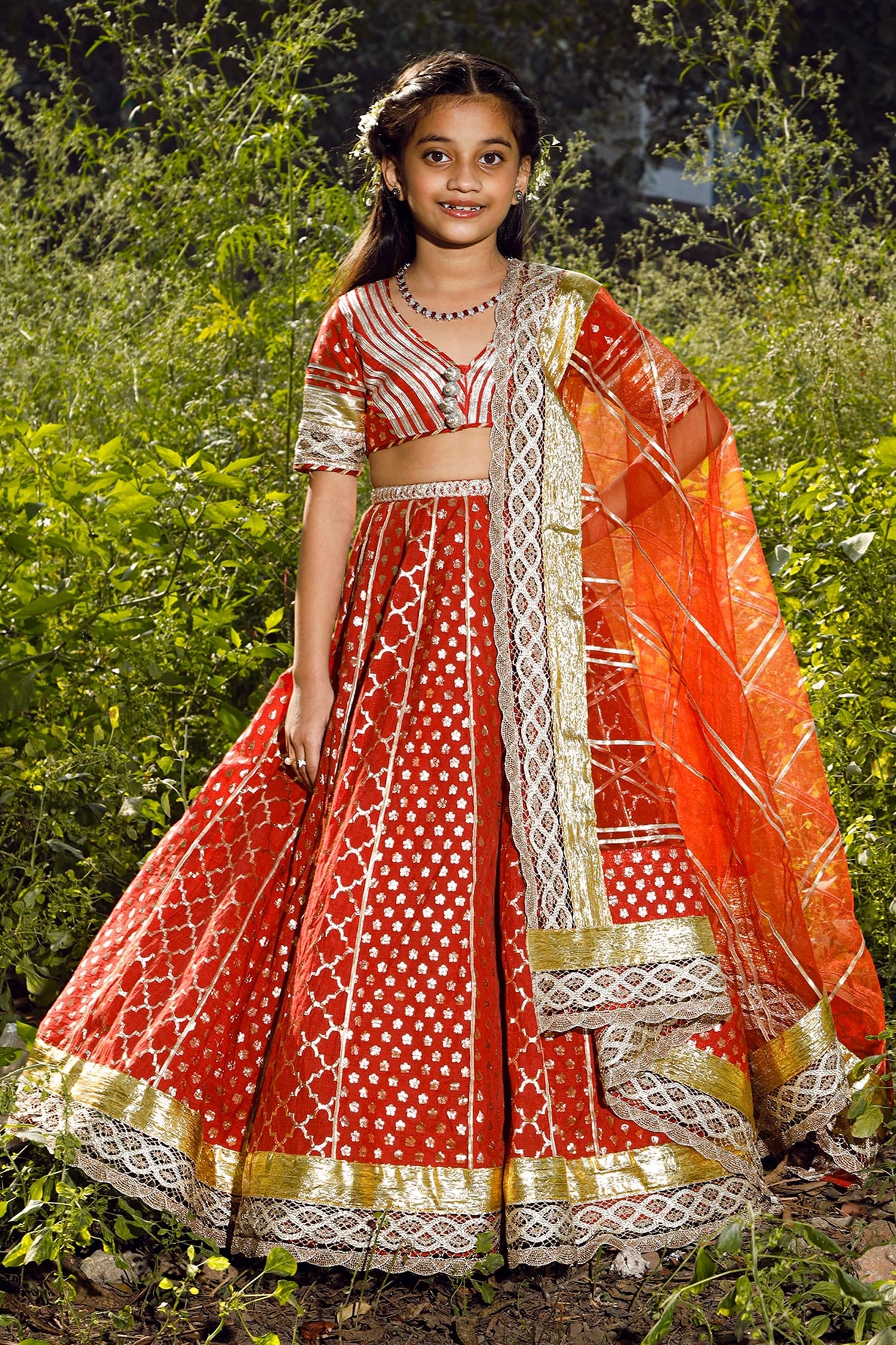 Nitya Bajaj Brown Cotton Chanderi Lehenga Set For Girls