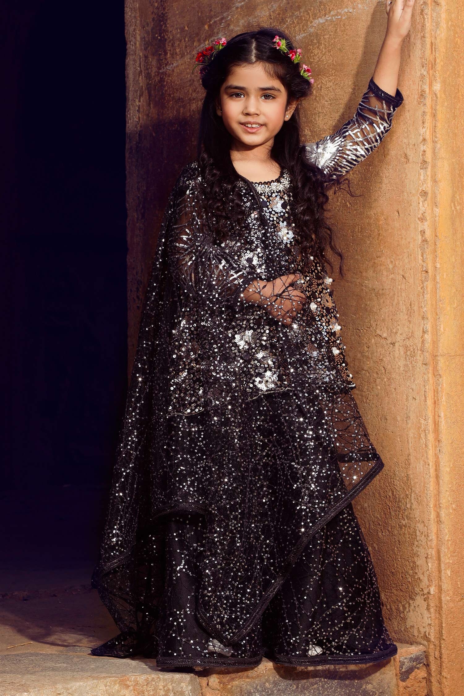 Nitya Bajaj Black Embroidered Kurta Sharara Set For Girls