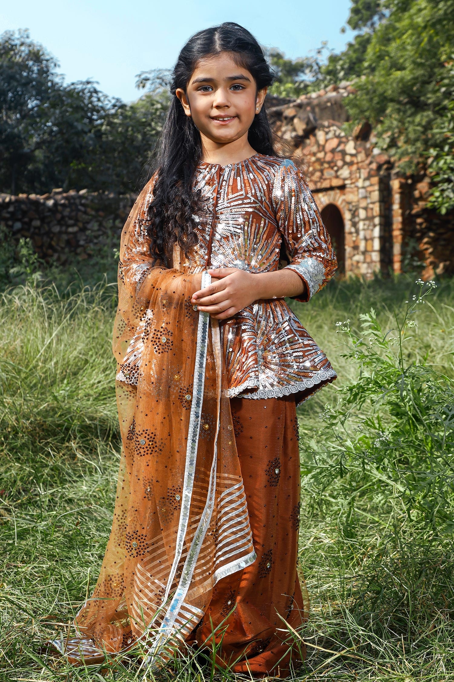 Nitya Bajaj Brown Embroidered Kurta Sharara Set For Girls