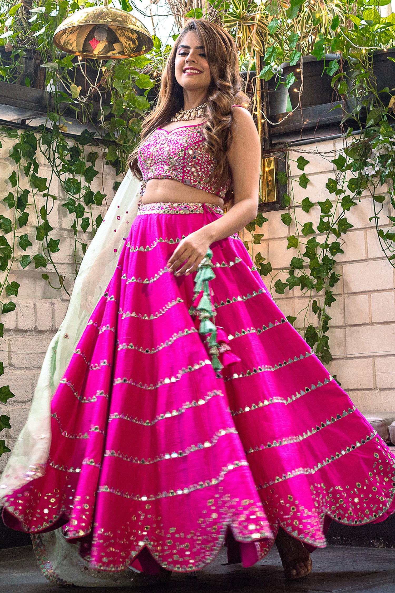 Buy Nitara Dhanraj Label Pink Raw Silk Mirror Work Lehenga Set Online