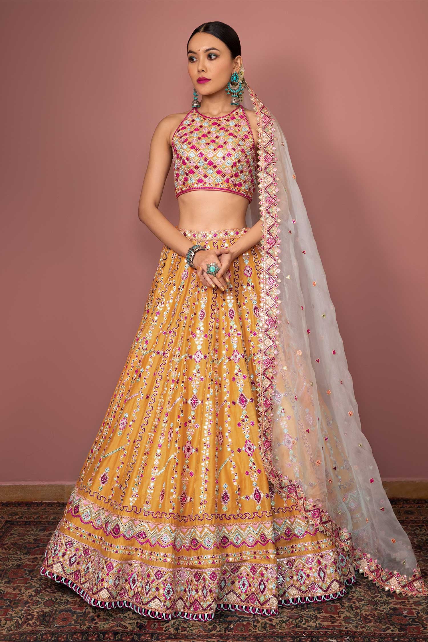 Chinon Orange Digital Print A Line Lehenga Choli