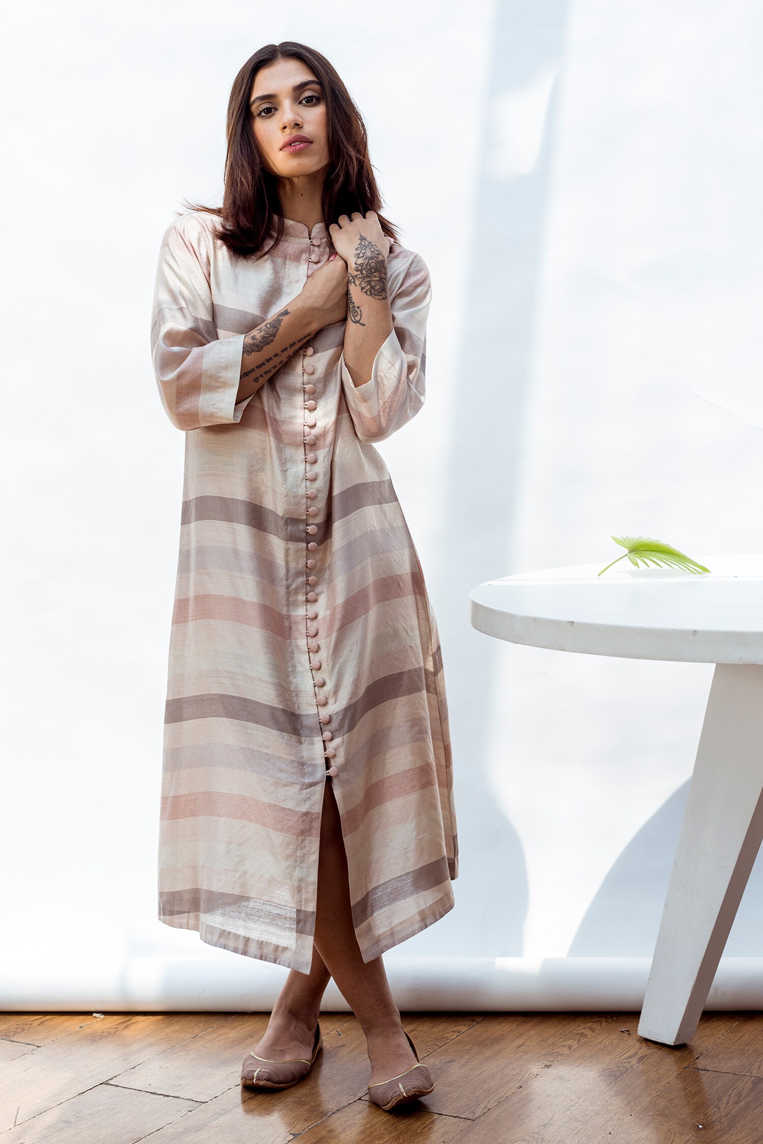 Buy Nesolo Beige Handwoven Silk Dress Online