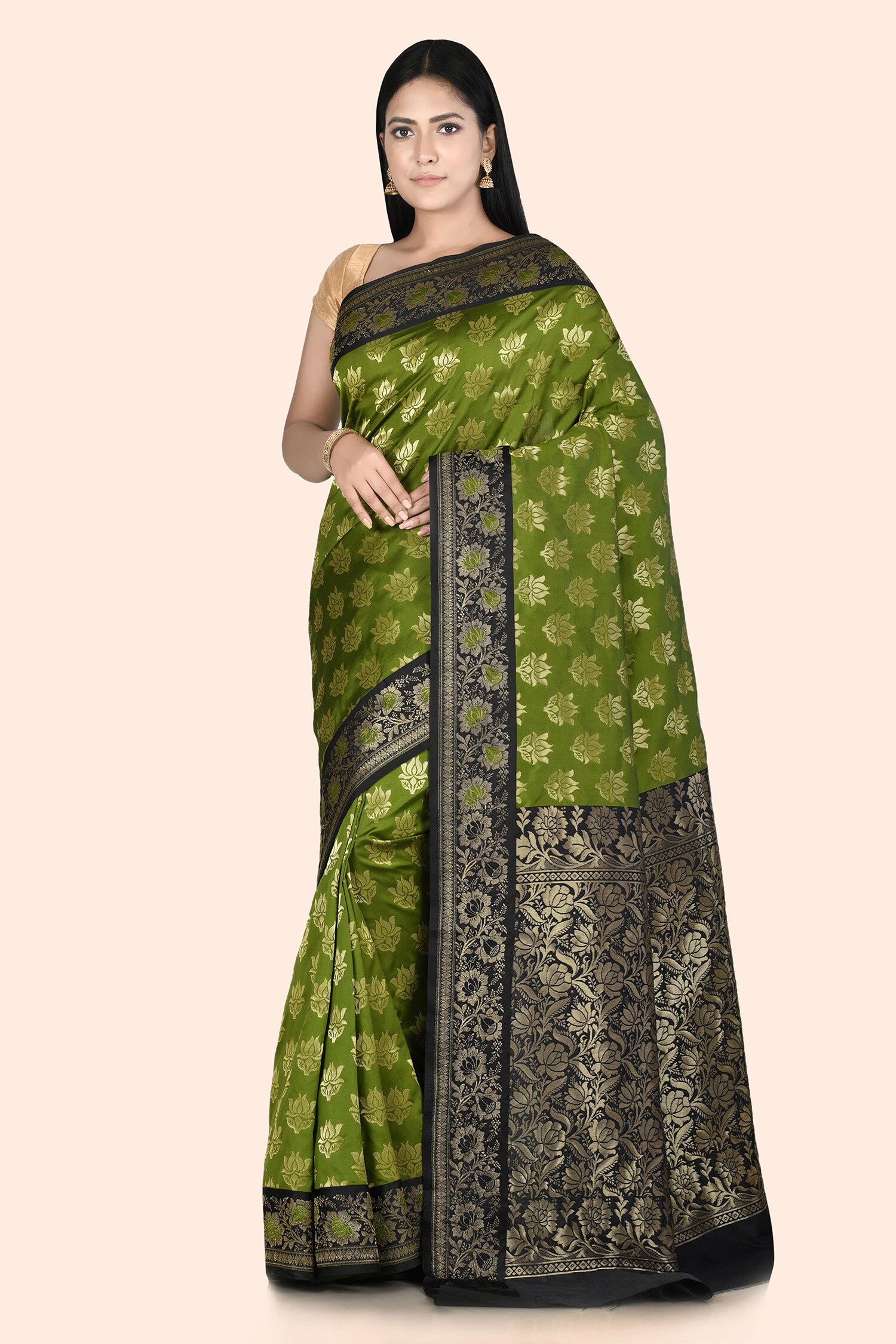 Shop Online Designer Green Printed Banarasi Art Silk Saree With Mordern  Leaves Des – Lady India