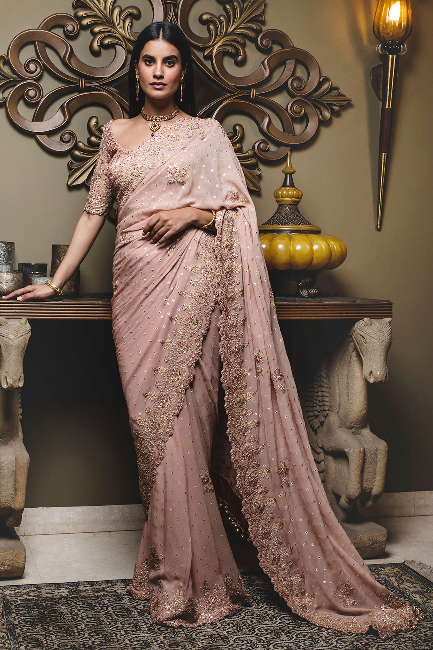 Nitika Gujral - Pink Saree Lurex Georgette Embroidered Resham V Work With  Blouse For Women