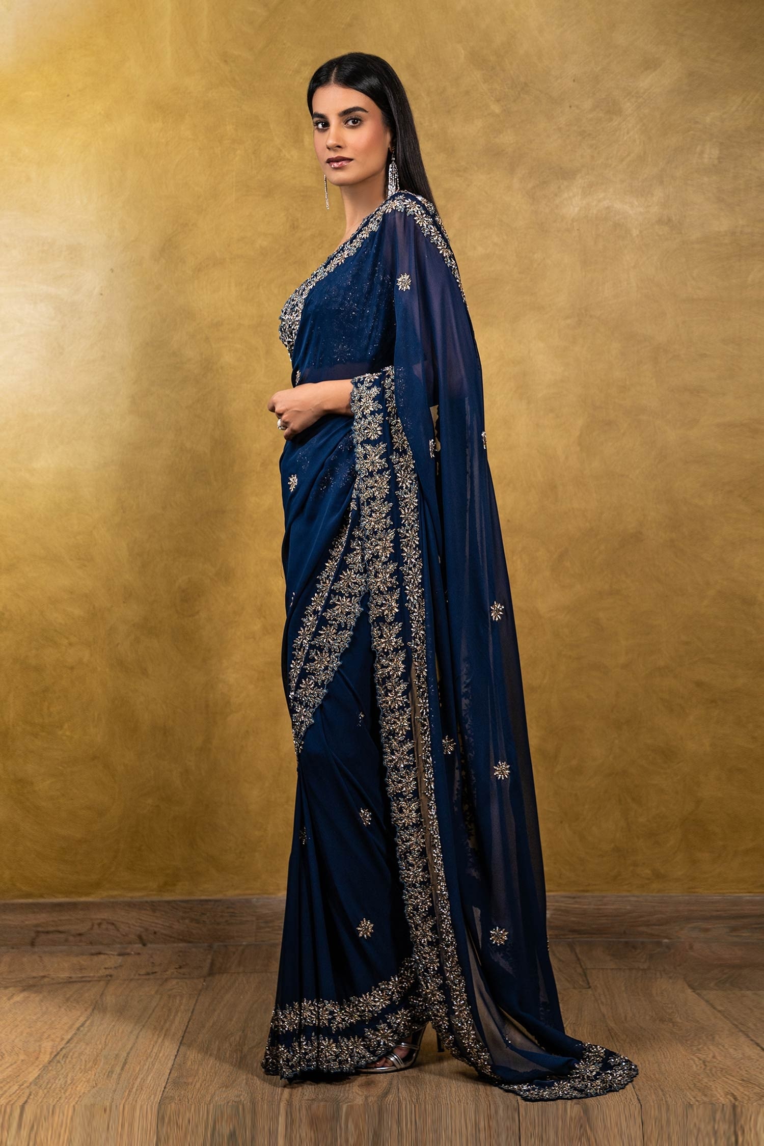 Nitika Gujral - Blue Saree Georgette And Blouse Raw Silk Sequin Work With  Sleeveless For Women