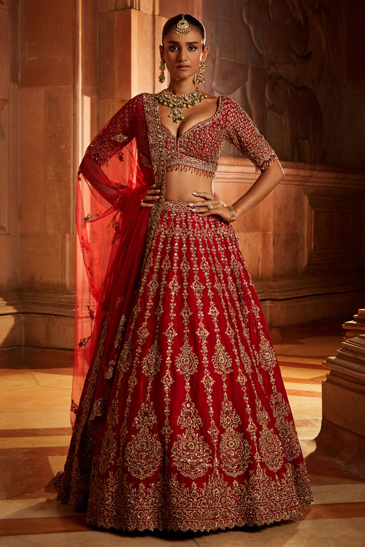 Nitika Gujral Red Raw Silk Embroidered Floral Leaf Neck Lehenga Set For Women