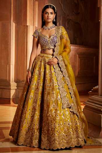 Mustard Tafetta Lehenga Purple Choli Organza Set