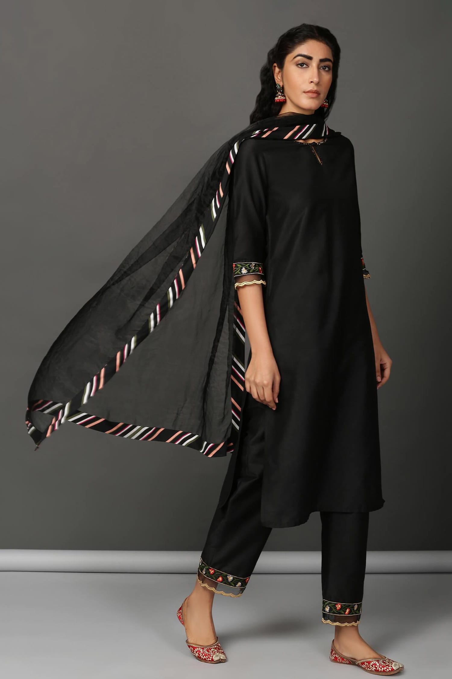 Buy Black Kurta And Pant: Pst Silk Embroidery Set With Organza Dupatta ...