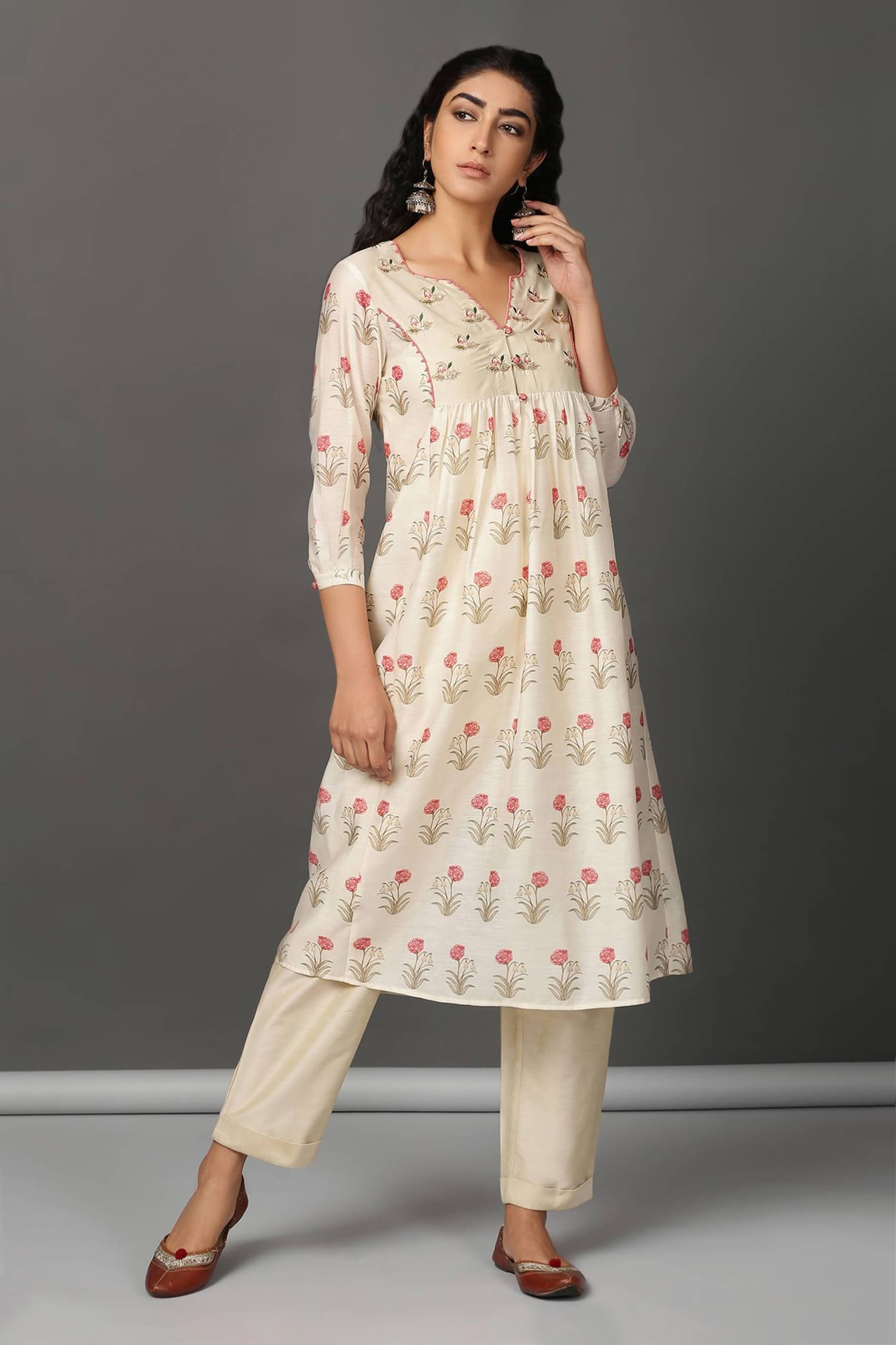 Buy White Kurta: Chanderi Embroidery Notched Handwoven And Pant Set For ...