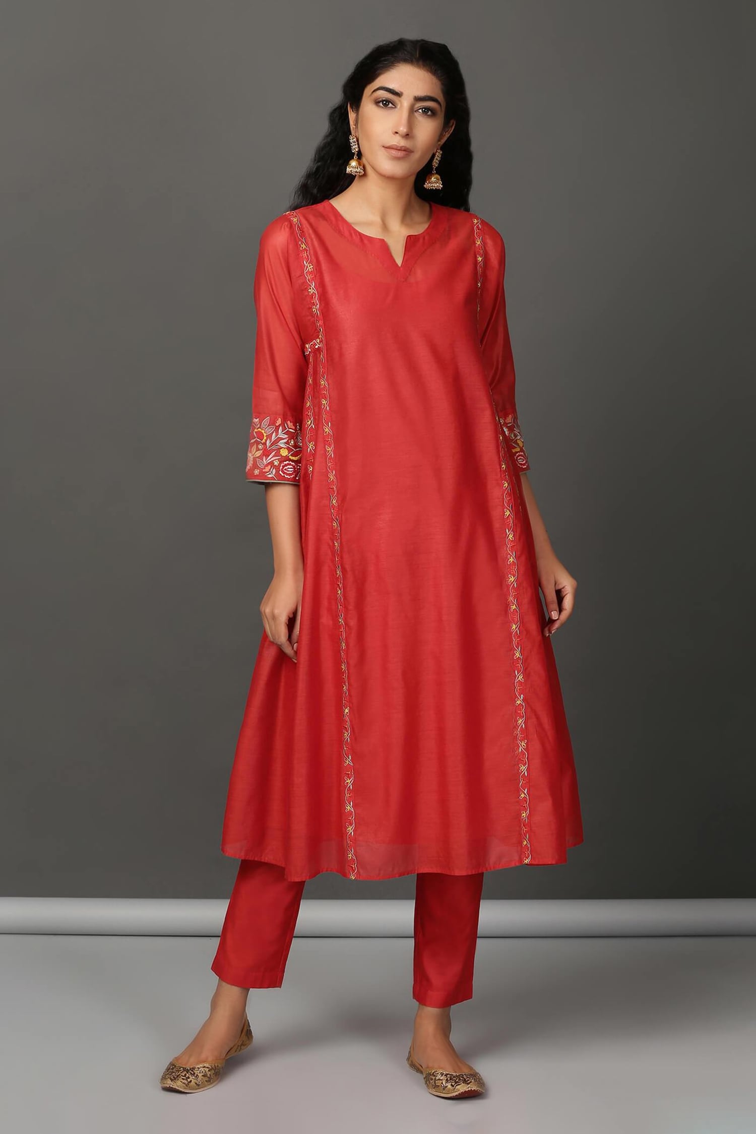 Buy Red Kurta And Pant: Chanderi Embroidery Notched & Set For Women by ...