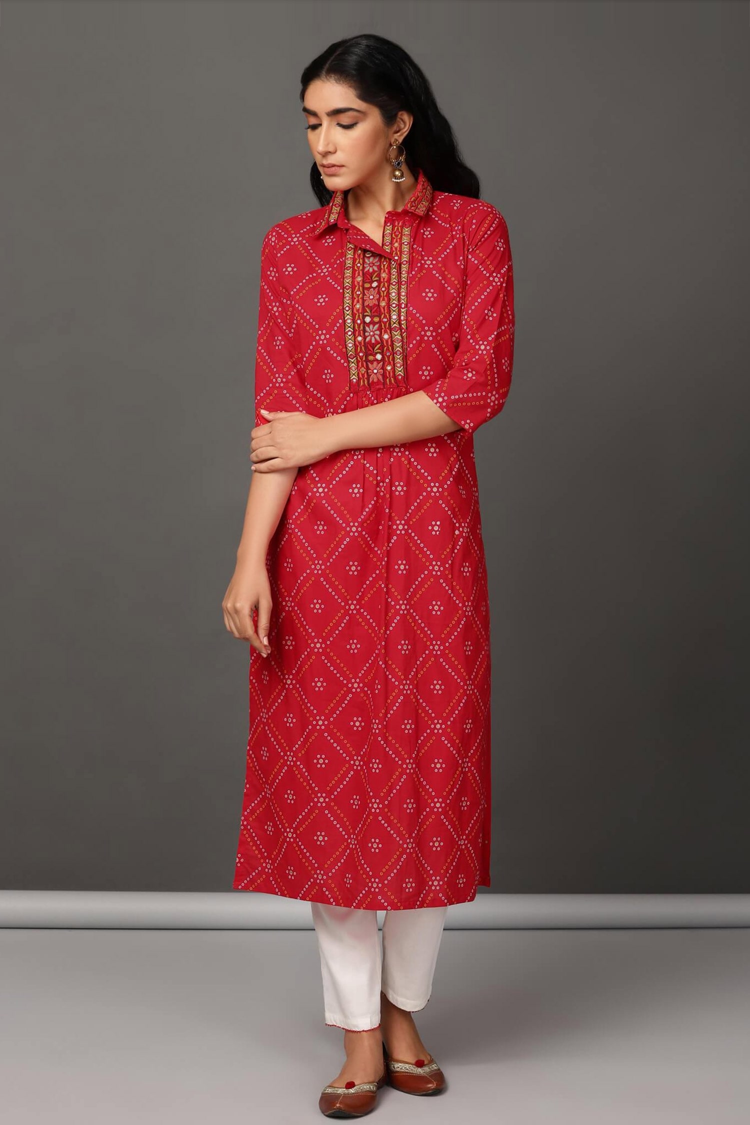 Buy Red 100% Cotton Embroidery Shirt Collar Printed Kurta For Women by ...